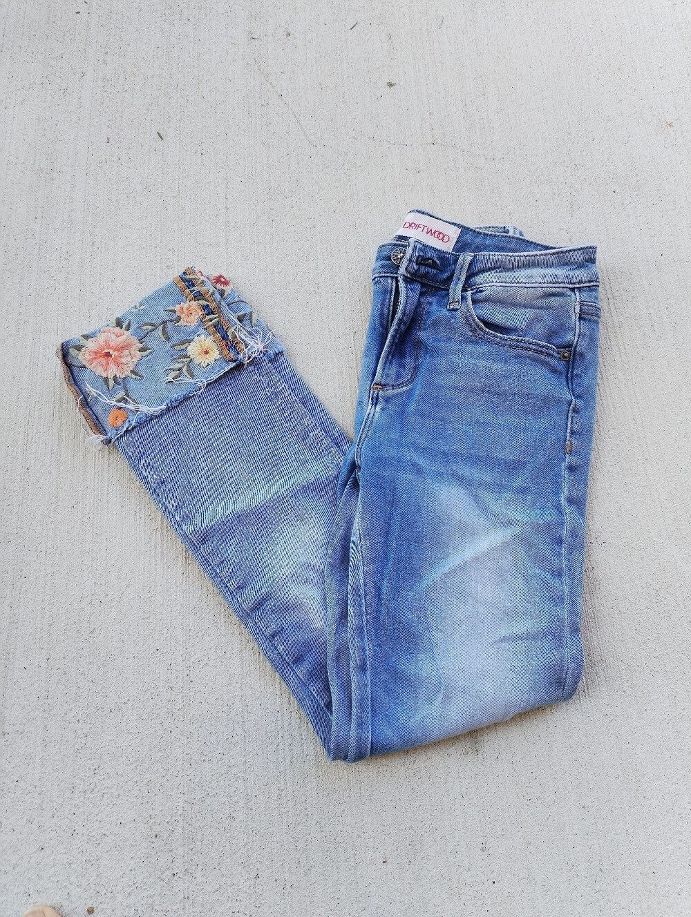 DRIFTWOOD Blue Straight Leg Jeans with Embroidery